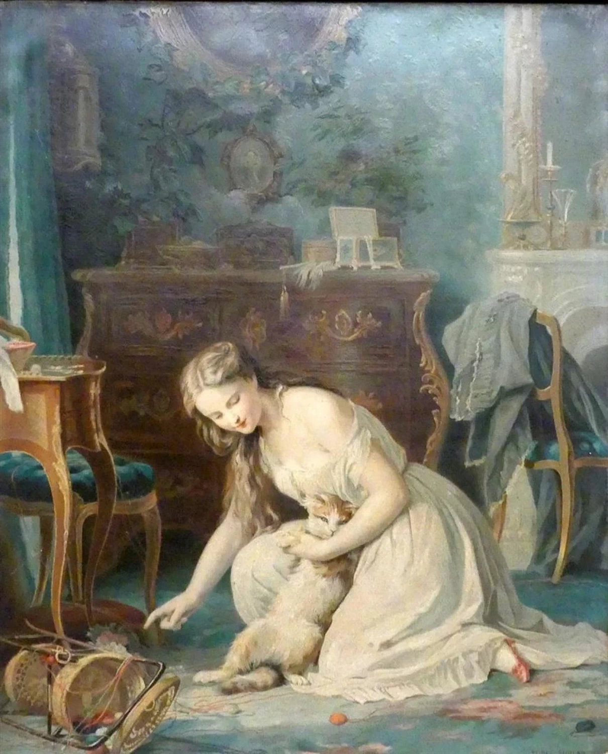 Scena d'interno. Giovane donna con gatto